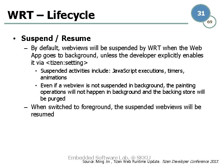 WRT – Lifecycle 31 69 • Suspend / Resume – By default, webviews will