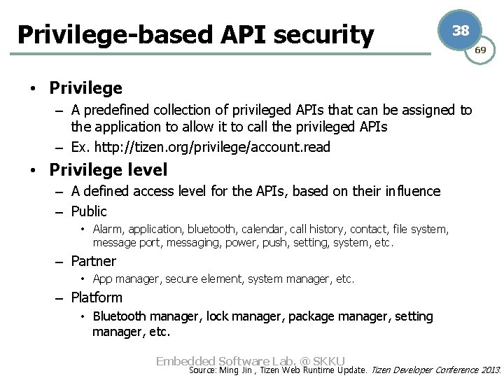 Privilege-based API security 38 69 • Privilege – A predefined collection of privileged APIs