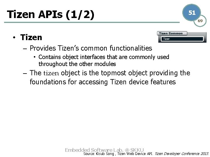 Tizen APIs (1/2) 51 69 • Tizen – Provides Tizen’s common functionalities • Contains