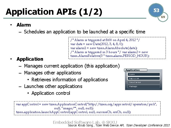 Application APIs (1/2) 53 69 • Alarm – Schedules an application to be launched