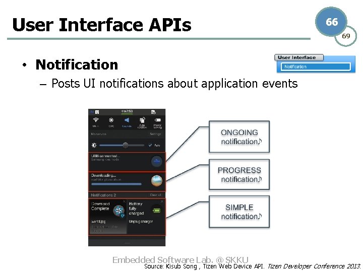 User Interface APIs 66 69 • Notification – Posts UI notifications about application events