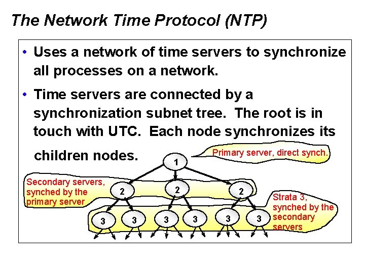 The Network Time Protocol (NTP) • Uses a network of time servers to synchronize