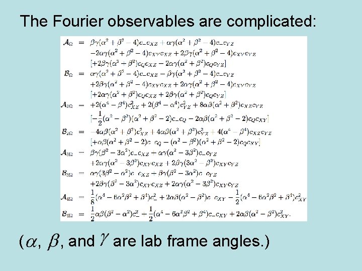 The Fourier observables are complicated: ( , , and are lab frame angles. )