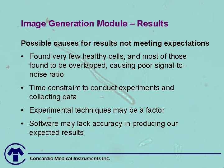 Image Generation Module – Results Possible causes for results not meeting expectations • Found