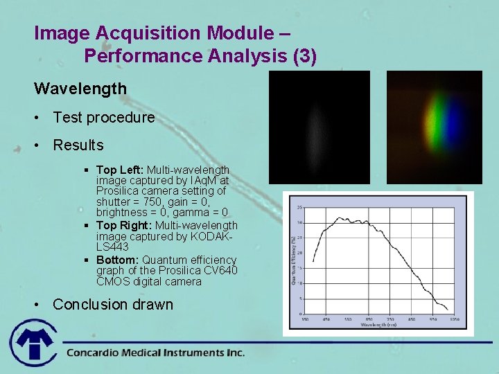 Image Acquisition Module – Performance Analysis (3) Wavelength • Test procedure • Results §