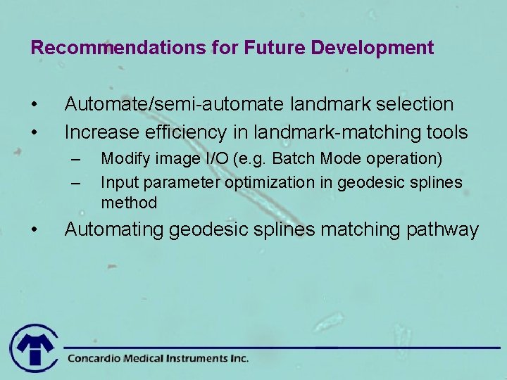 Recommendations for Future Development • • Automate/semi-automate landmark selection Increase efficiency in landmark-matching tools