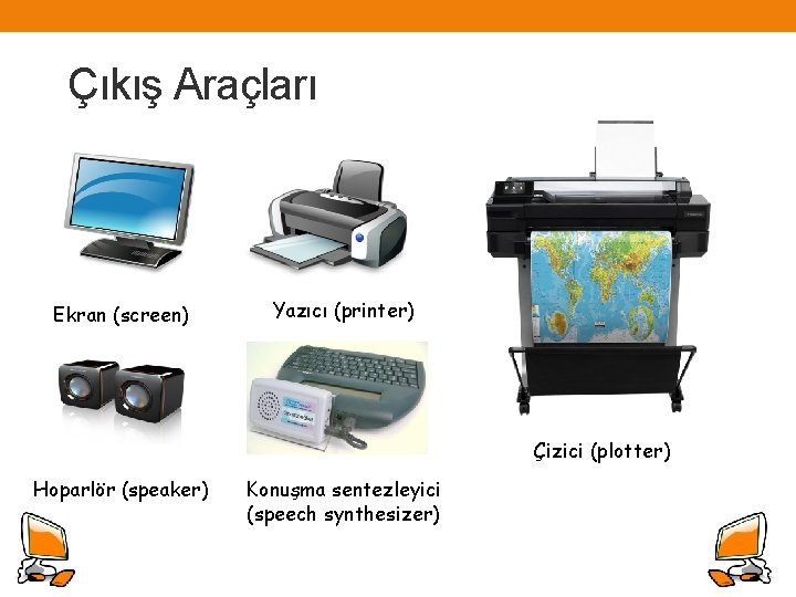 Çıkış Araçları Ekran (screen) Yazıcı (printer) Çizici (plotter) Hoparlör (speaker) Konuşma sentezleyici (speech synthesizer)