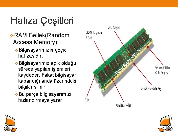 Hafıza Çeşitleri v. RAM Bellek(Random Access Memory) v. Bilgisayarımızın geçici hafızasıdır. v. Bilgisayarımız açık