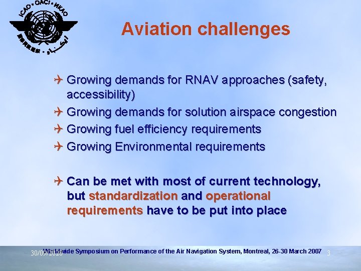 Aviation challenges : Q Growing demands for RNAV approaches (safety, accessibility) Q Growing demands