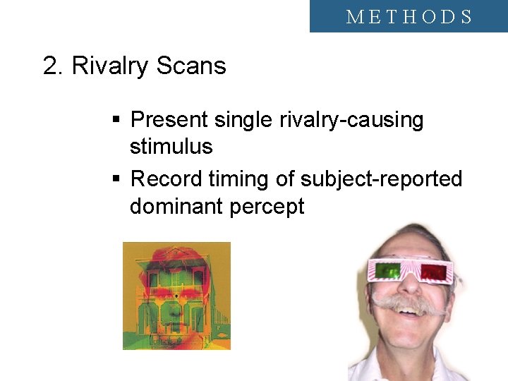 METHODS 2. Rivalry Scans § Present single rivalry-causing stimulus § Record timing of subject-reported
