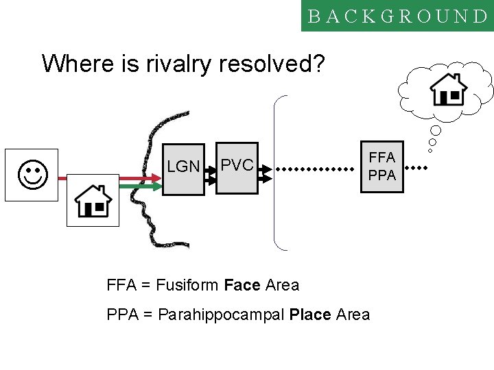 BACKGROUND Where is rivalry resolved? J LGN PVC FFA PPA FFA = Fusiform Face