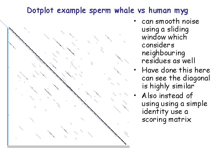 Dotplot example sperm whale vs human myg • can smooth noise using a sliding Dotplot example sperm whale vs human myg • can smooth noise using a sliding