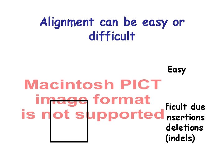 Alignment can be easy or difficult Easy Difficult due to insertions or deletions (indels)