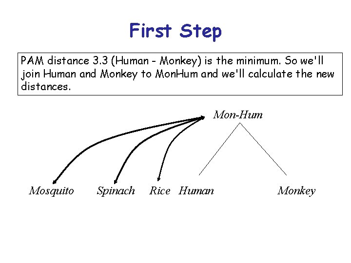 First Step PAM distance 3. 3 (Human - Monkey) is the minimum. So we'll First Step PAM distance 3. 3 (Human - Monkey) is the minimum. So we'll