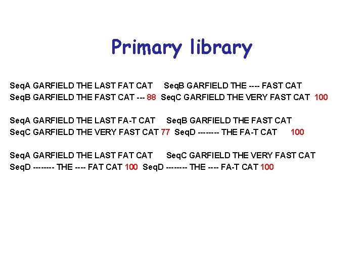 Primary library Seq. A GARFIELD THE LAST FAT CAT Seq. B GARFIELD THE ---- Primary library Seq. A GARFIELD THE LAST FAT CAT Seq. B GARFIELD THE ----
