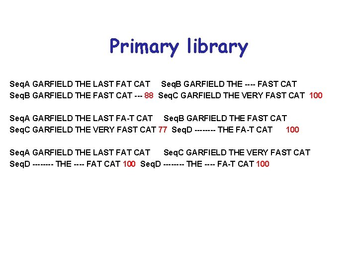 Primary library Seq. A GARFIELD THE LAST FAT CAT Seq. B GARFIELD THE ----