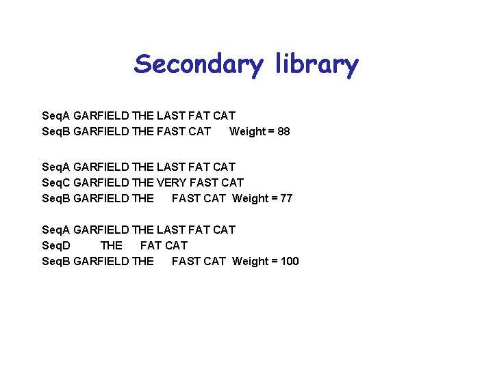 Secondary library Seq. A GARFIELD THE LAST FAT CAT Seq. B GARFIELD THE FAST Secondary library Seq. A GARFIELD THE LAST FAT CAT Seq. B GARFIELD THE FAST