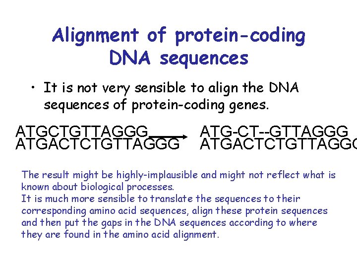 Alignment of protein-coding DNA sequences • It is not very sensible to align the Alignment of protein-coding DNA sequences • It is not very sensible to align the
