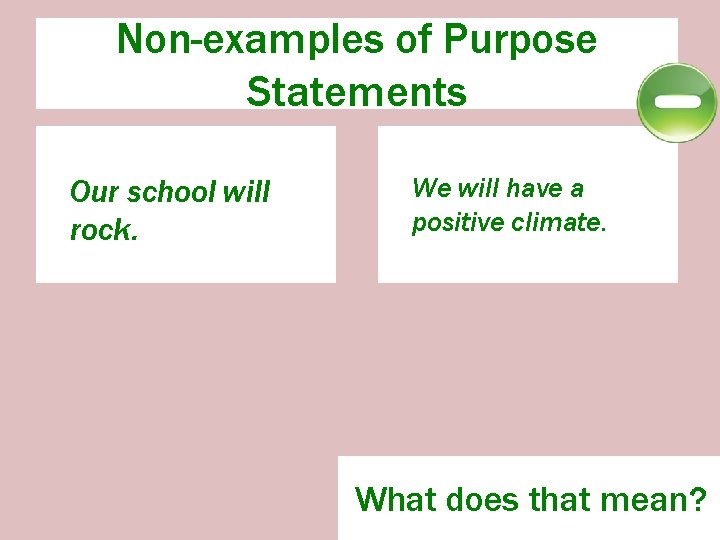 Non-examples of Purpose Statements Our school will rock. We will have a positive climate.