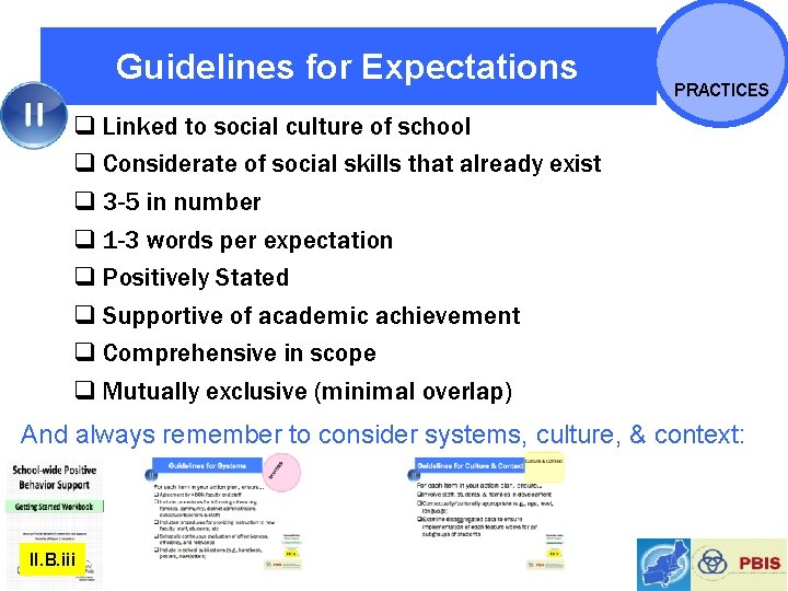 Guidelines for Expectations PRACTICES q Linked to social culture of school q Considerate of