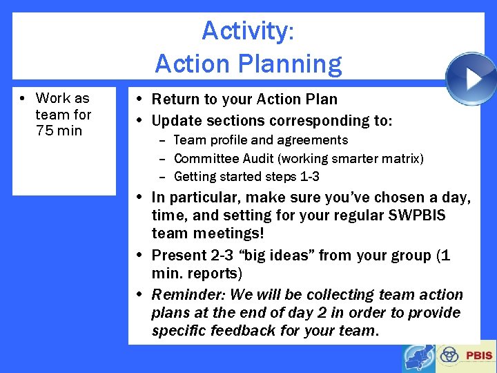 Activity: Action Planning • Work as team for 75 min • Return to your