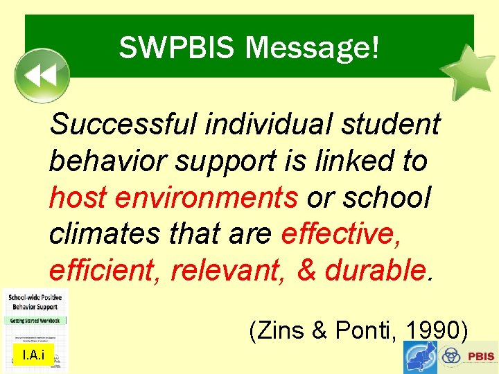 SWPBIS Message! Successful individual student behavior support is linked to host environments or school