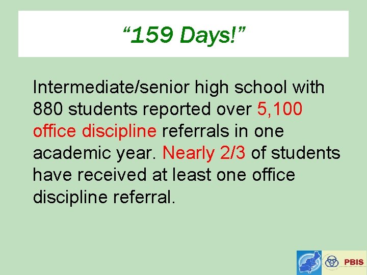 “ 159 Days!” Intermediate/senior high school with 880 students reported over 5, 100 office