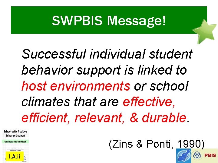 SWPBIS Message! Successful individual student behavior support is linked to host environments or school