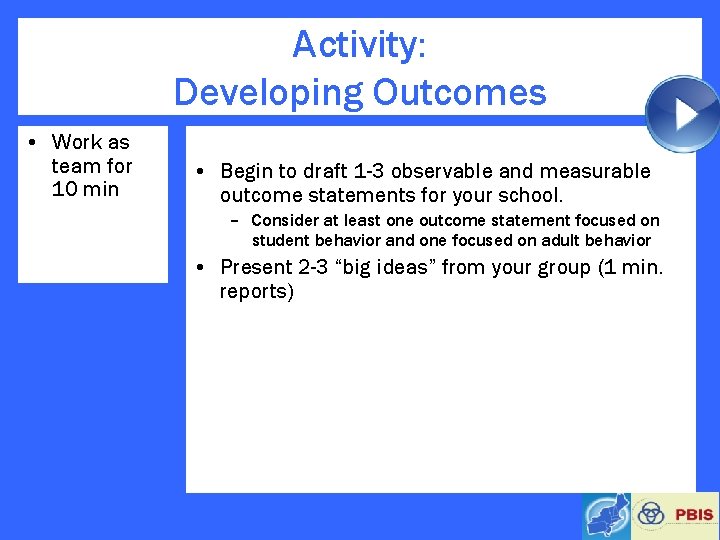 Activity: Developing Outcomes • Work as team for 10 min • Begin to draft