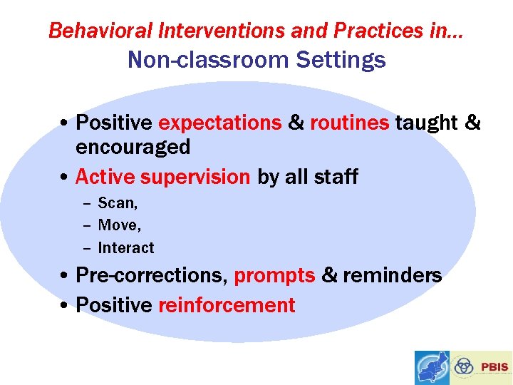 Behavioral Interventions and Practices in… Non-classroom Settings • Positive expectations & routines taught &