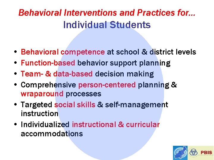 Behavioral Interventions and Practices for… Individual Students • Behavioral competence at school & district