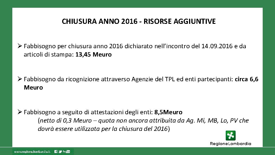 CHIUSURA ANNO 2016 - RISORSE AGGIUNTIVE Fabbisogno per chiusura anno 2016 dichiarato nell’incontro del