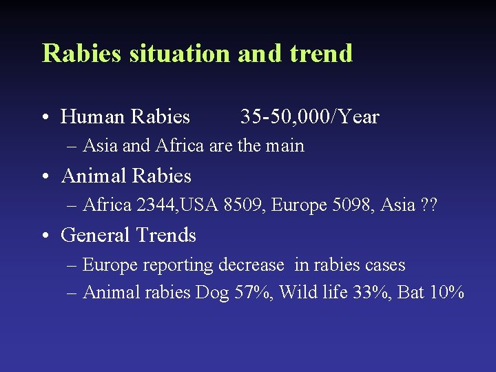 Rabies situation and trend • Human Rabies 35 -50, 000/Year – Asia and Africa