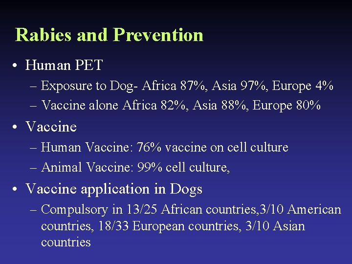 Rabies and Prevention • Human PET – Exposure to Dog- Africa 87%, Asia 97%,