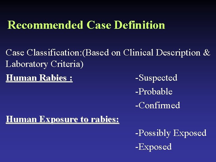 Recommended Case Definition Case Classification: (Based on Clinical Description & Laboratory Criteria) Human Rabies