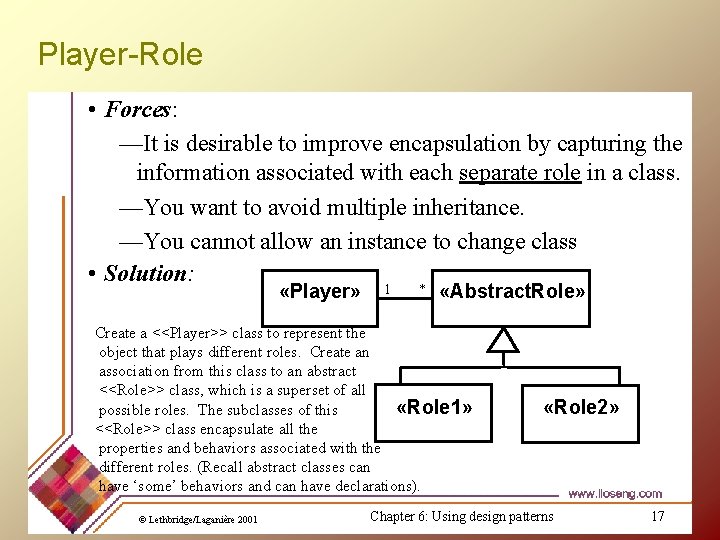 Player-Role • Forces: —It is desirable to improve encapsulation by capturing the information associated