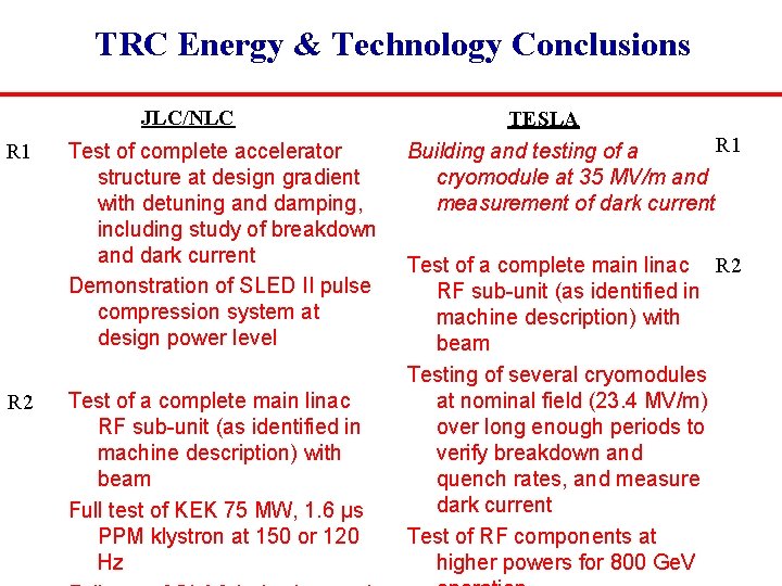 TRC Energy & Technology Conclusions JLC/NLC R 1 R 2 Test of complete accelerator
