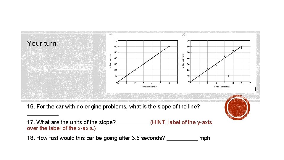 Your turn: 16. For the car with no engine problems, what is the slope