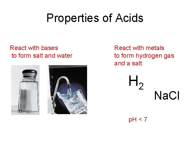 Properties of Acids React with bases to form salt and water React with metals