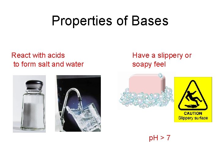 Properties of Bases React with acids to form salt and water Have a slippery