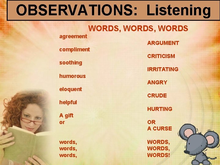 OBSERVATIONS: Listening WORDS, WORDS agreement ARGUMENT compliment CRITICISM soothing IRRITATING humorous ANGRY eloquent CRUDE