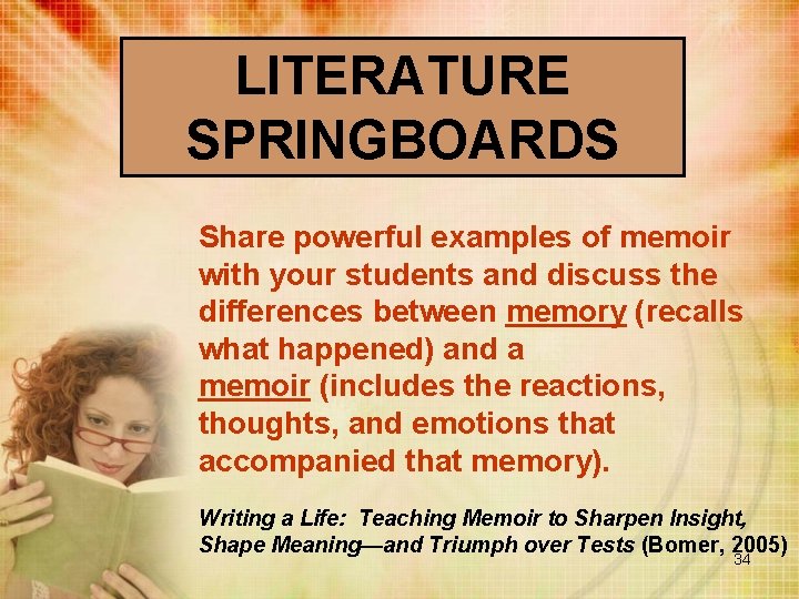 LITERATURE SPRINGBOARDS Share powerful examples of memoir with your students and discuss the differences