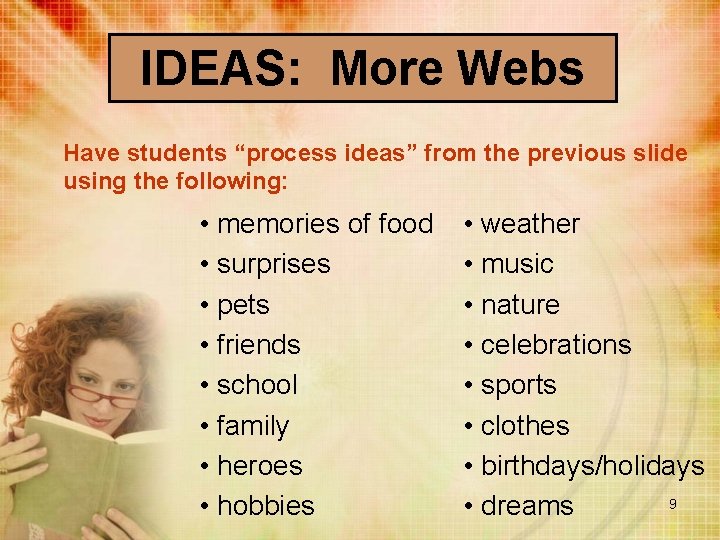 IDEAS: More Webs Have students “process ideas” from the previous slide using the following: