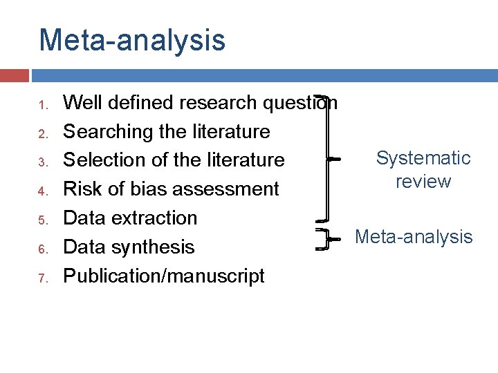 Meta-analysis 1. 2. 3. 4. 5. 6. 7. Well defined research question Searching the