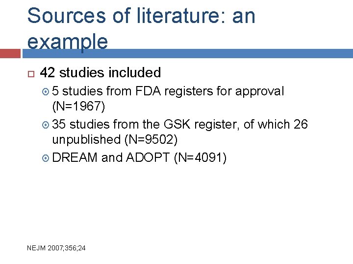 Sources of literature: an example 42 studies included 5 studies from FDA registers for