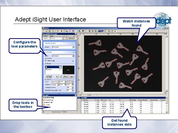 Adept i. Sight User Interface Watch instances found Configure the tool parameters Drop tools