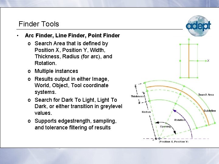 Finder Tools • Arc Finder, Line Finder, Point Finder o Search Area that is