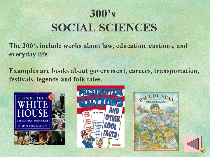 300’s SOCIAL SCIENCES The 300’s include works about law, education, customs, and everyday life.