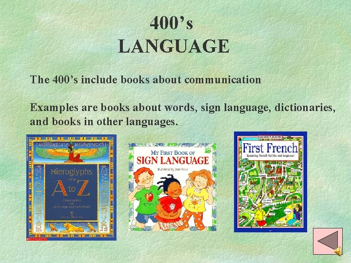 400’s LANGUAGE The 400’s include books about communication Examples are books about words, sign