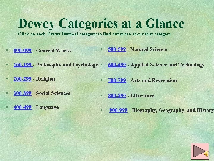 Dewey Categories at a Glance Click on each Dewey Decimal category to find out